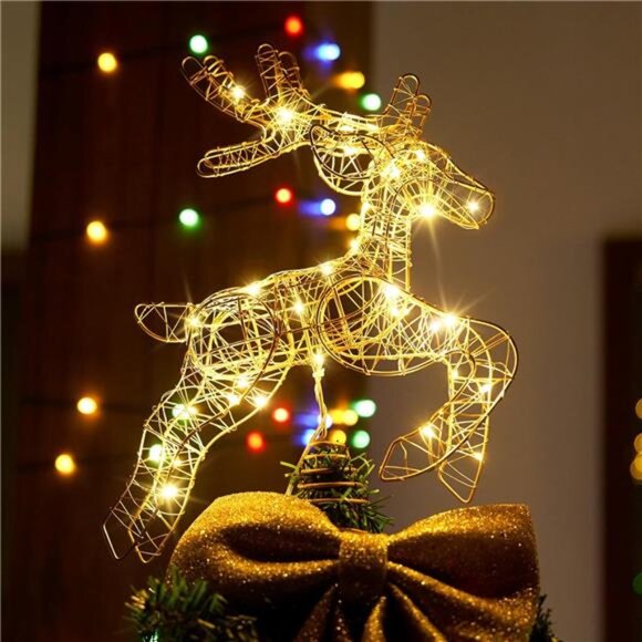 Lighted Reindeer Tree Topper - Battery Operated with 10 Warm Lights & Timer - Picture 1 of 8